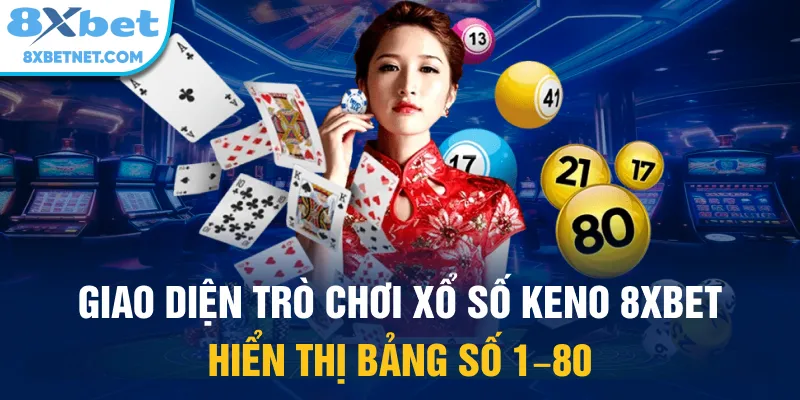 Giao diện trò chơi xổ số Keno 8xbet hiển thị bảng số 1–80
